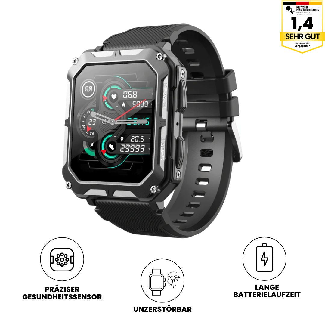 Militær smartwatch med metalramme, robust design, Gorilla Glass og sundhedsovervågning i vilde omgivelser.