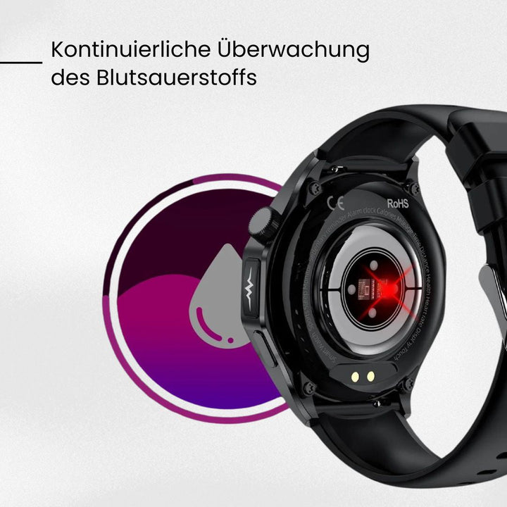Militær smartwatch med metalramme, robust design, Gorilla Glass og sundhedsovervågning i vilde omgivelser.