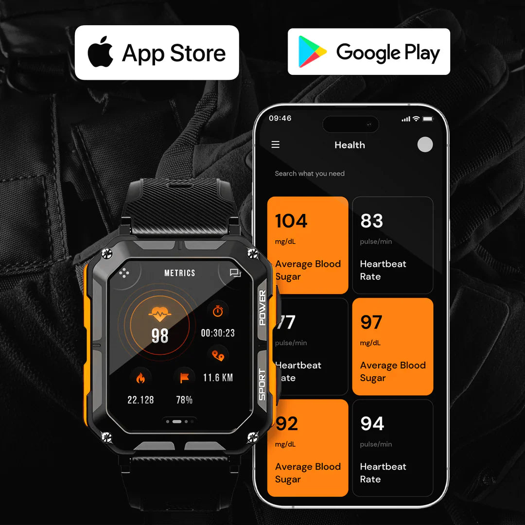 Militær smartwatch med metalramme, robust design, Gorilla Glass og sundhedsovervågning i vilde omgivelser.
