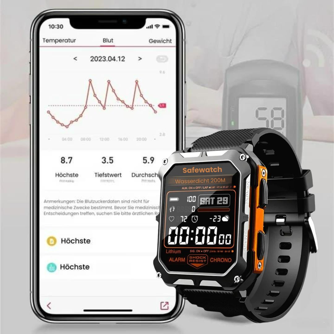 Militær smartwatch med robust titaniumskasse og fuldmetalramme, ideel til ekstreme forhold og sundhedsovervågning