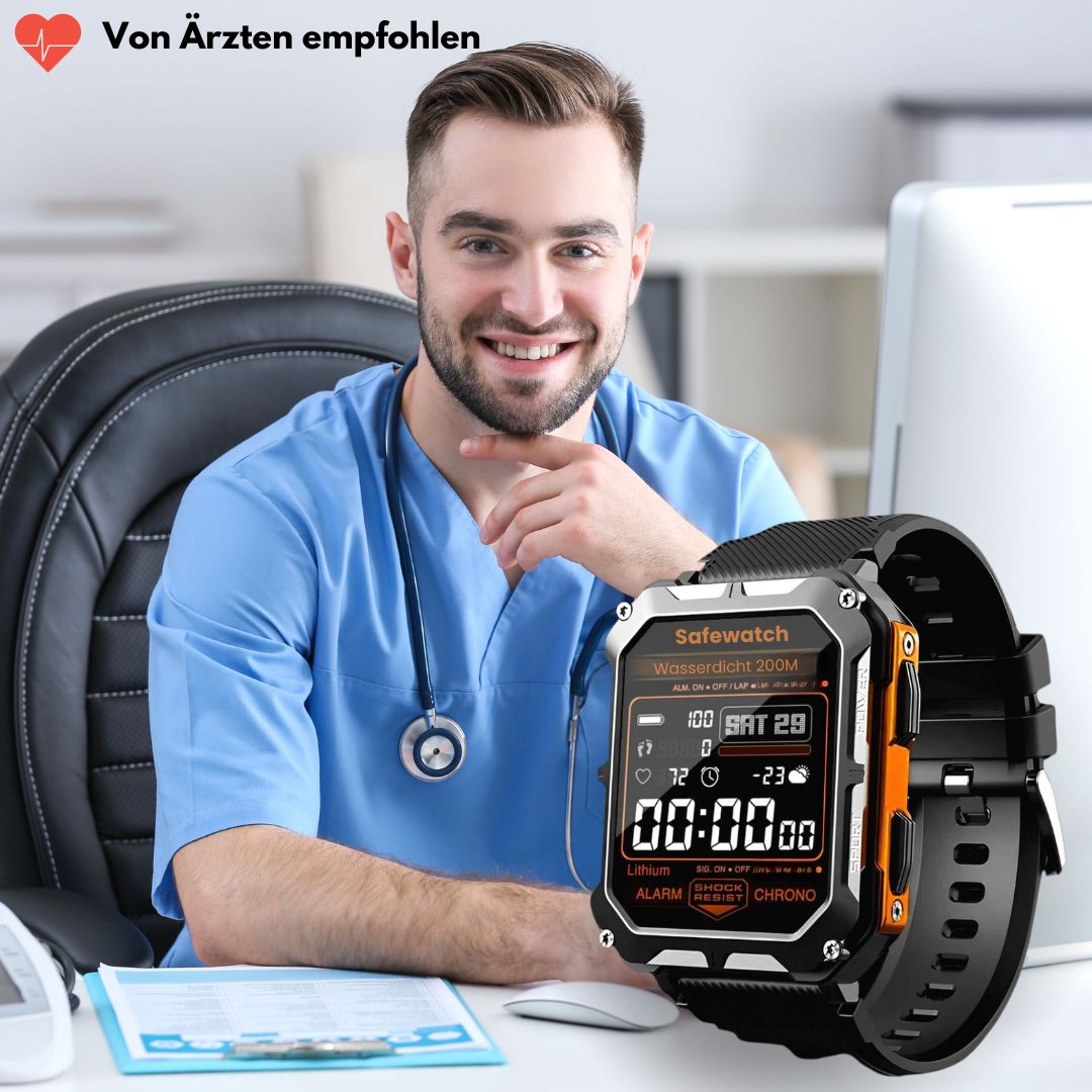 Militær smartwatch med robust titaniumskasse og fuldmetalramme, ideel til ekstreme forhold og sundhedsovervågning