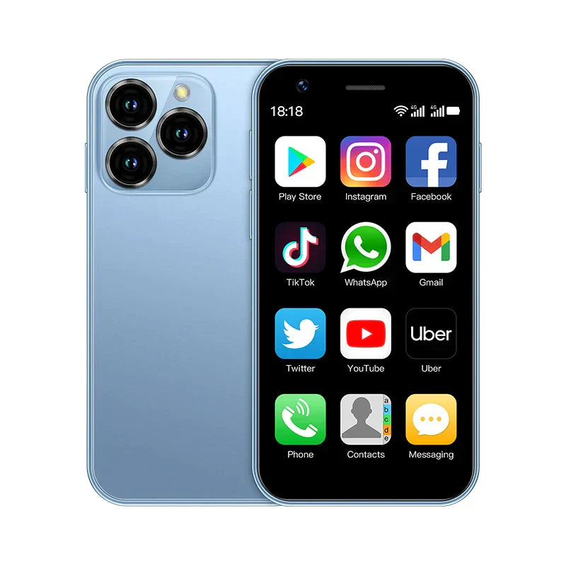 Mini Android-smartphone med 3-tommer touchskærm og Dual-SIM, kompakt design i sort, højteknologisk og mobil.