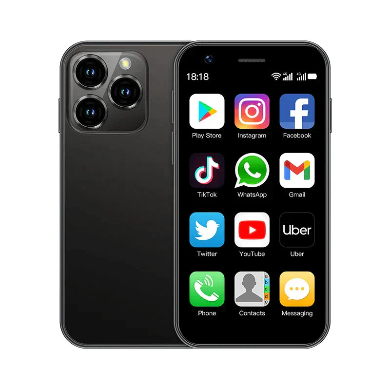Mini Android-smartphone med 3-tommer touchskærm og Dual-SIM, kompakt design i sort, højteknologisk og mobil.