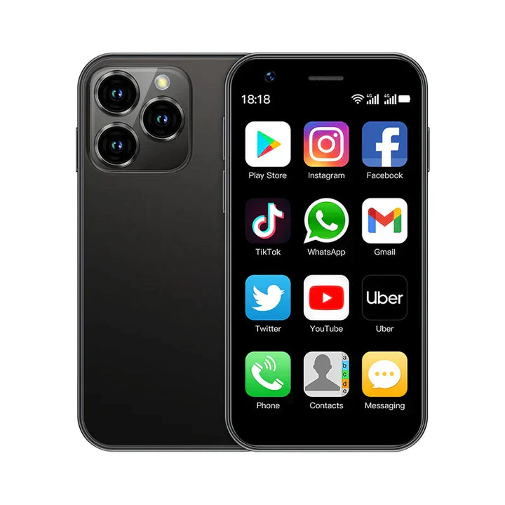 Mini Android-smartphone med 3-tommer touchskærm og Dual-SIM, kompakt design i sort, højteknologisk og mobil.