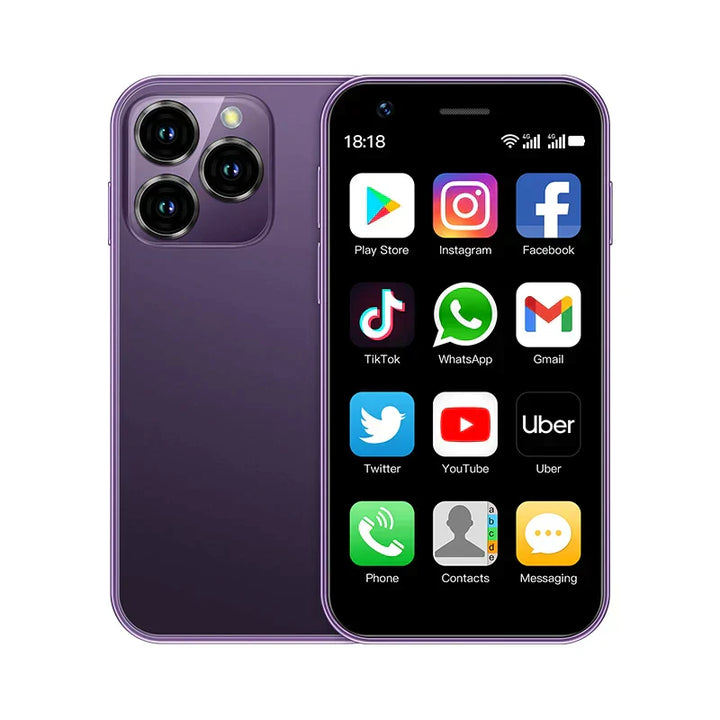Mini Android-smartphone med 3-tommer touchskærm og Dual-SIM, kompakt design i sort, højteknologisk og mobil.