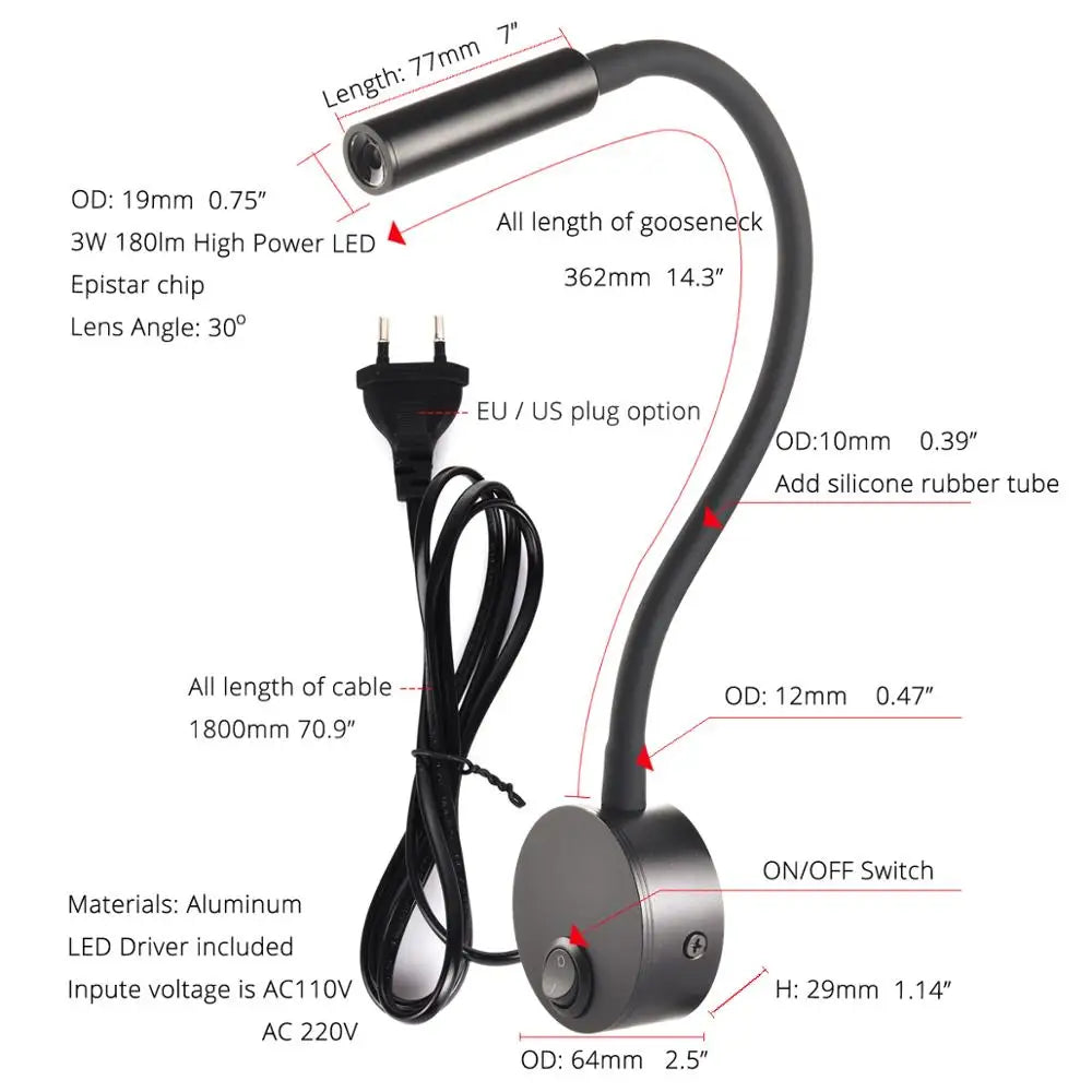 Minimalistisk læse-væglampe med fleksibel arm, LED-teknologi, i sort eller hvid. Pladsbesparende design til ethvert rum.