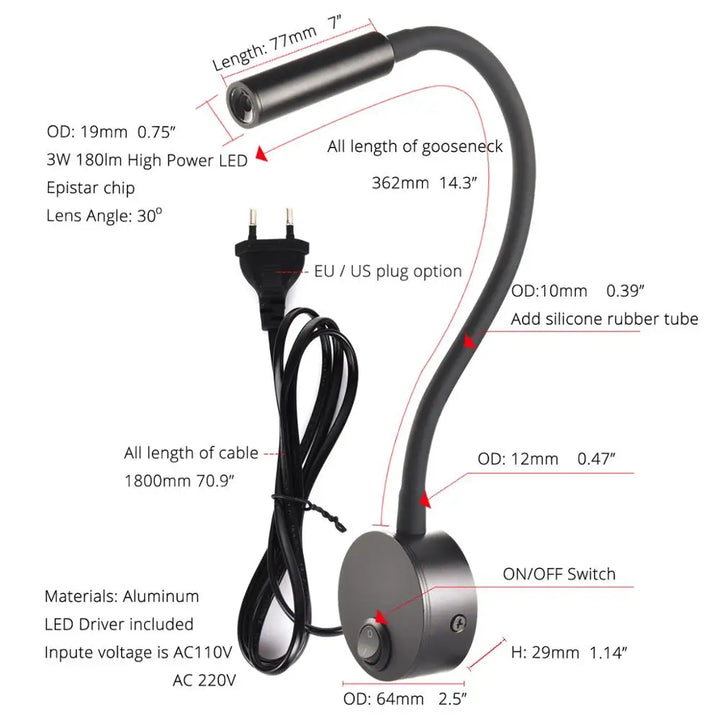 Minimalistisk læse-væglampe med fleksibel arm, LED-teknologi, i sort eller hvid. Pladsbesparende design til ethvert rum.