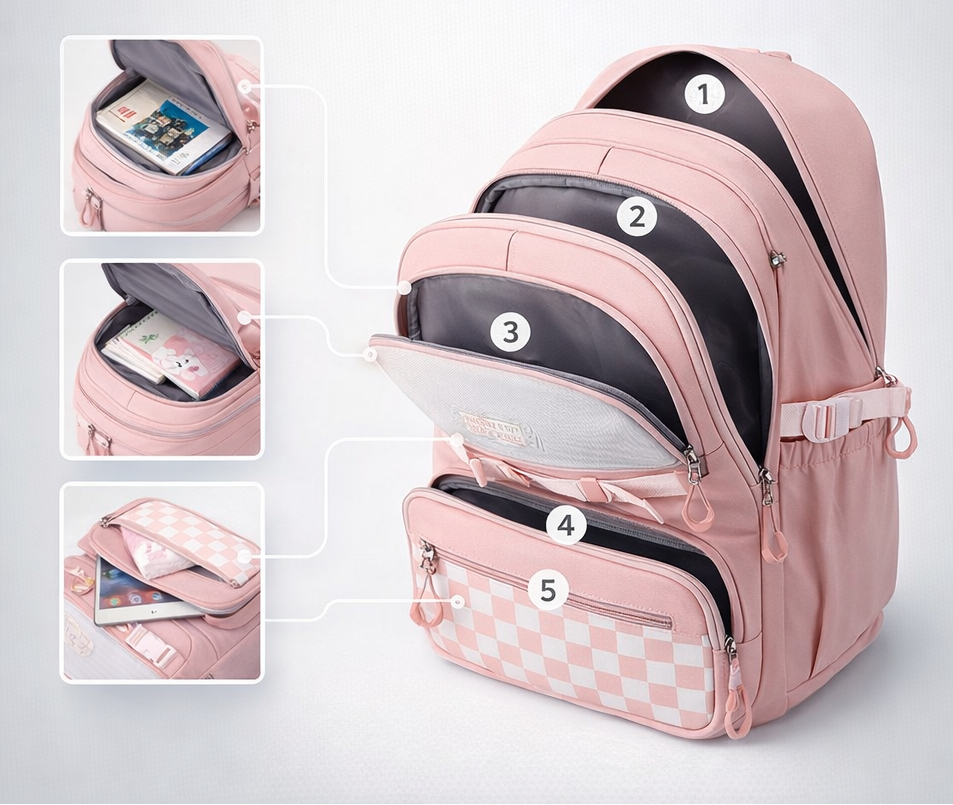 Organiseret sort unisex rygsæk med laptoprum, perfekt til skole, studie og korte rejser. Robust hverdagstaske.