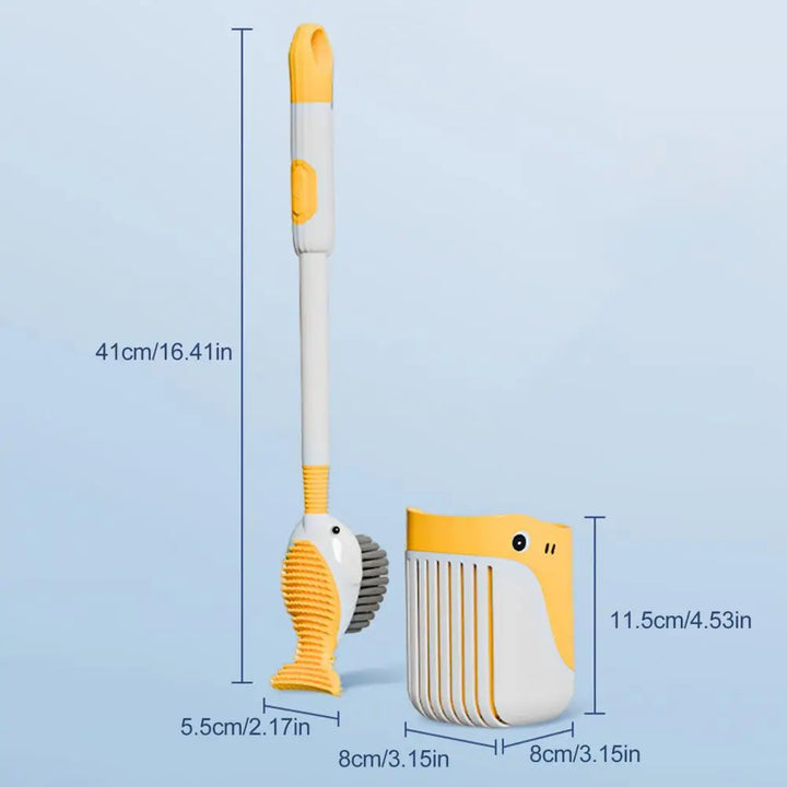 Smart andeformet toiletbørste med vægmonteret holder, ideel for pladsbesparende og effektiv rengøring.