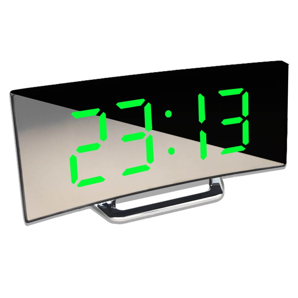 Digitalt LED vækkeur med dæmpningsfunktion og nattelys. Buet design og snooze-funktion, ideelt bordur.