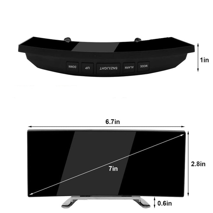 Grønt buet LED vækkeur med dæmpningsfunktion. Digitalt bordur med snooze, moderne design til hjemmet.