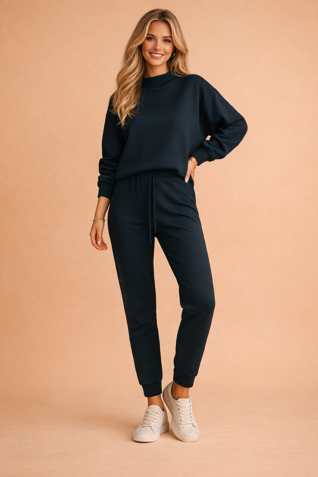 Elegant og afslappet todelt sæt til kvinder, figursyet beklædning med komfortable bukser og sweatshirt.