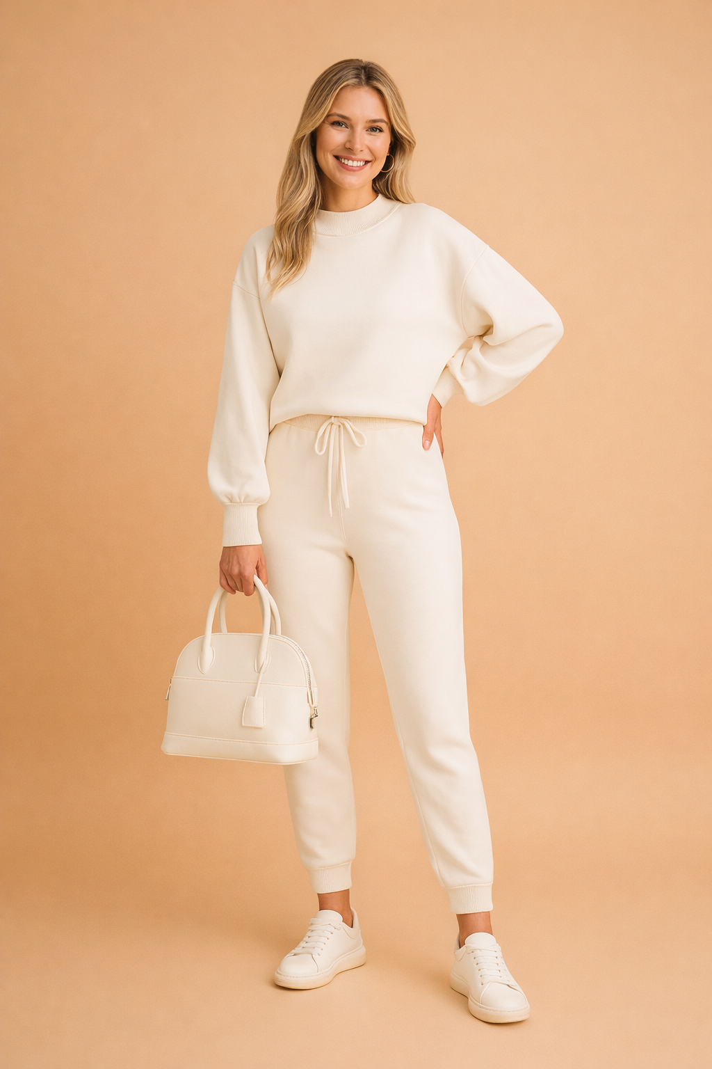 Kvinder beklædning: figursyet todelt sæt med sweatshirt og bukser. Elegant, komfortabelt og moderne dametøj.
