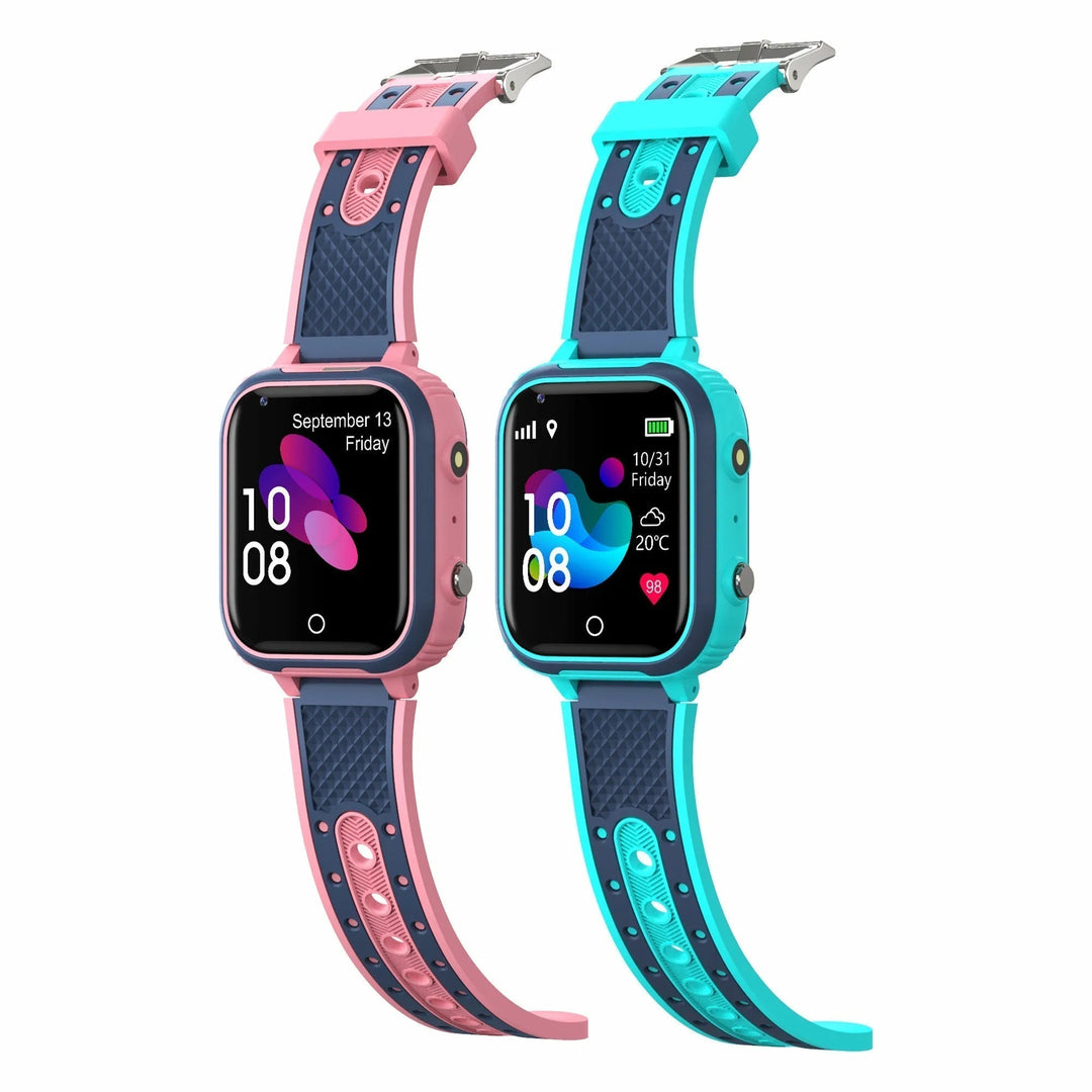 KidGuardian Smartwatch til børn i blå med silikonearmbånd, 4G-forbindelse, GPS-sporing og vandtæt design for sikkerhed.