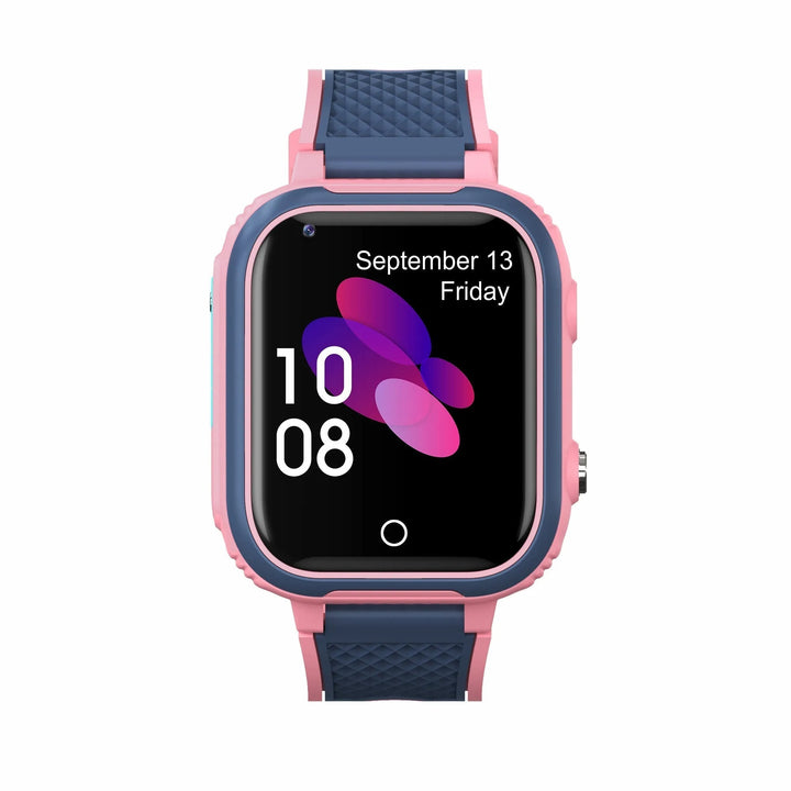 KidGuardian Smartwatch til børn i blå med silikonearmbånd, 4G-forbindelse, GPS-sporing og vandtæt design for sikkerhed.