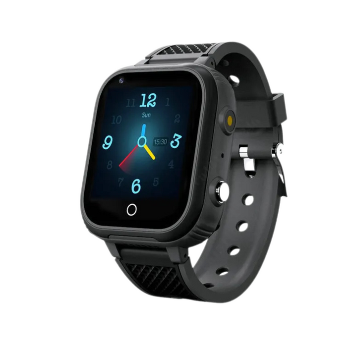 KidGuardian Smartwatch til børn i blå med silikonearmbånd, 4G-forbindelse, GPS-sporing og vandtæt design for sikkerhed.
