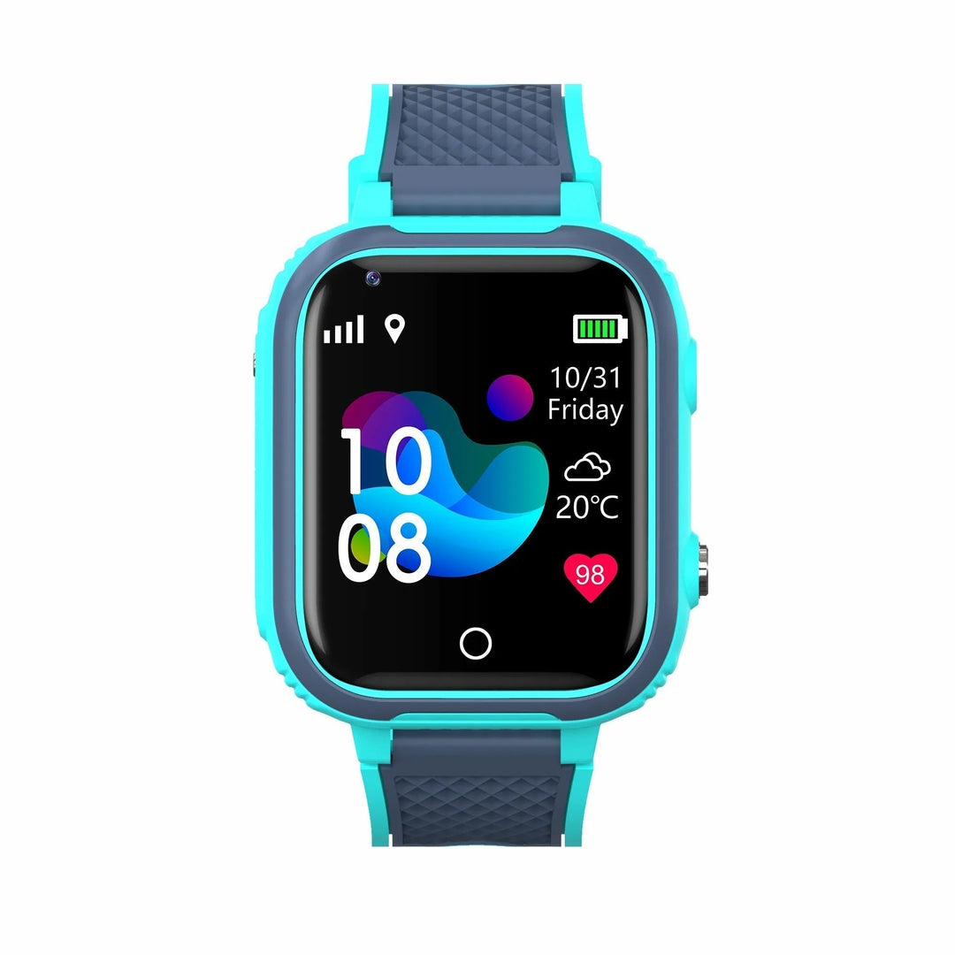 KidGuardian Smartwatch til børn i blå med silikonearmbånd, 4G-forbindelse, GPS-sporing og vandtæt design for sikkerhed.