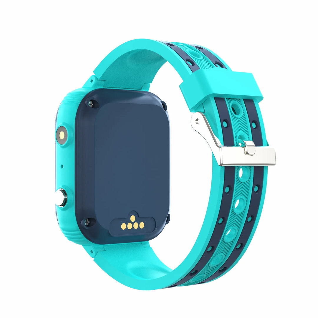KidGuardian Smartwatch til børn i blå med silikonearmbånd, 4G-forbindelse, GPS-sporing og vandtæt design for sikkerhed.