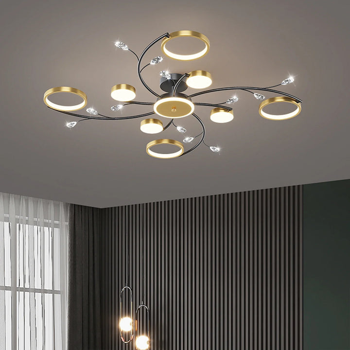 Moderne LED-loftlampe, dæmpbar, i elegant guld-sort, for stilfuldt udtryk i soveværelse og spisestue.