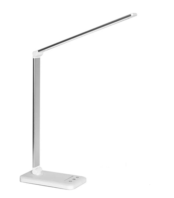 LED-bordlampe i pink med justerbar arm og indbygget trådløs oplader.
