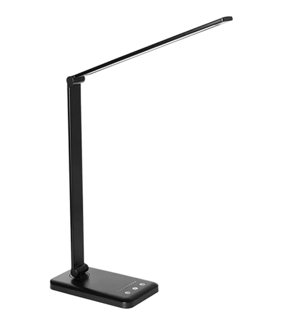 Sølvfarvet LED-bordlampe med fleksibelt design og USB-opladningsfunktion.