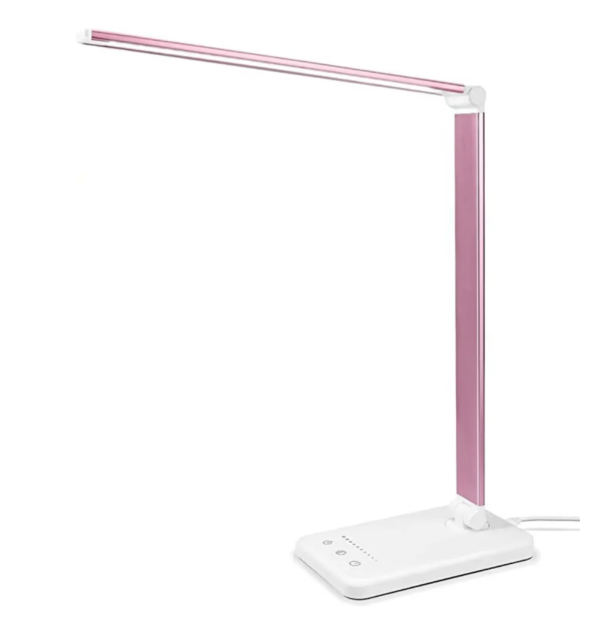 Hvid LED-bordlampe med justerbar lysvinkel og bæredygtig LED-teknologi.