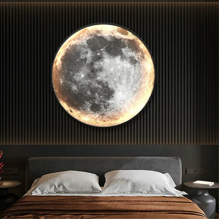 Moderne LED-væglampe med unikt måne- og jorddesign, perfekt til stemningslys i stuen eller soveværelset.