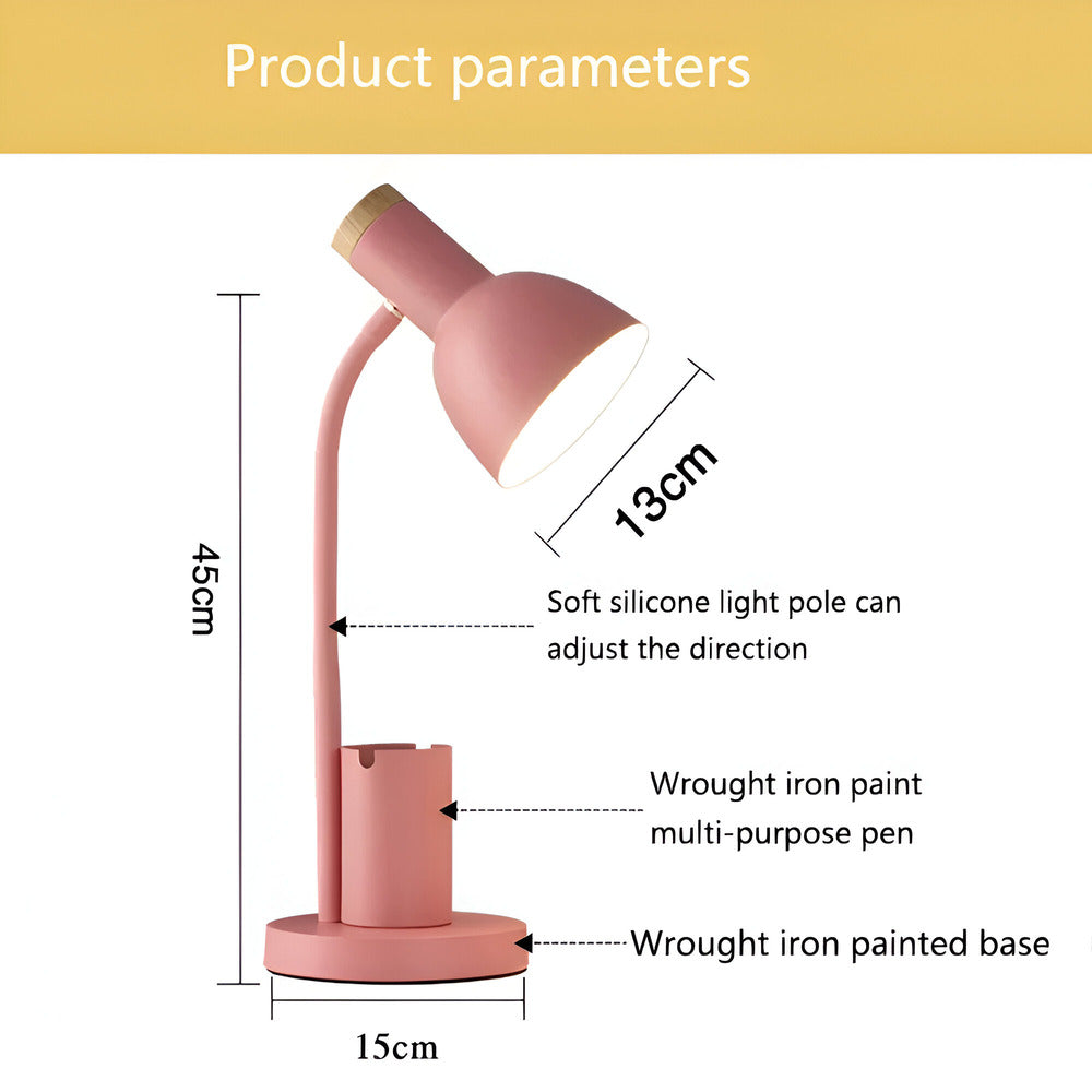 Alsidig LED-bordlampe med penholder i gul; moderne design der organiserer og belyser din arbejdsplads.