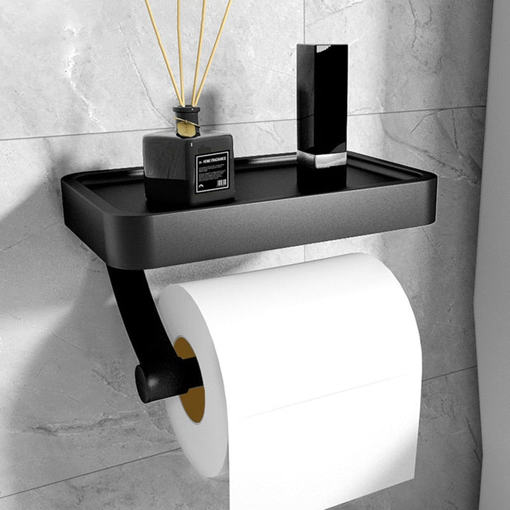 Moderne toiletpapirholder i metal med praktisk hylde til badeværelset, vægmonteret design.