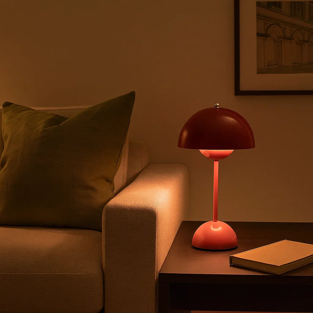 Moderne touch bordlampe med varmt hvidt LED-lys, minimalistisk skandinavisk design og touch-kontrol.
