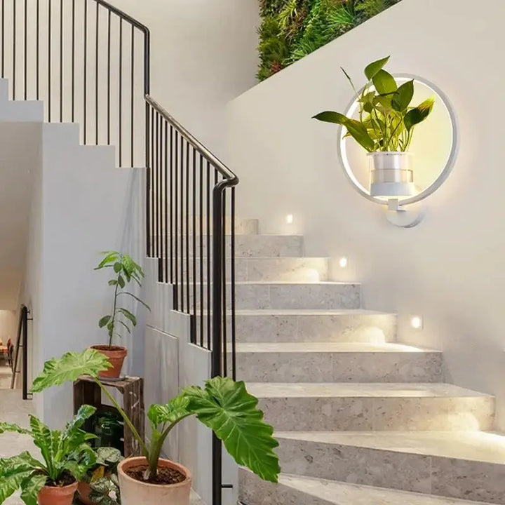 Moderne væglampe i glas og jern med integreret plantekasse, ideel til stuer og kontorer, stilfuldt design.