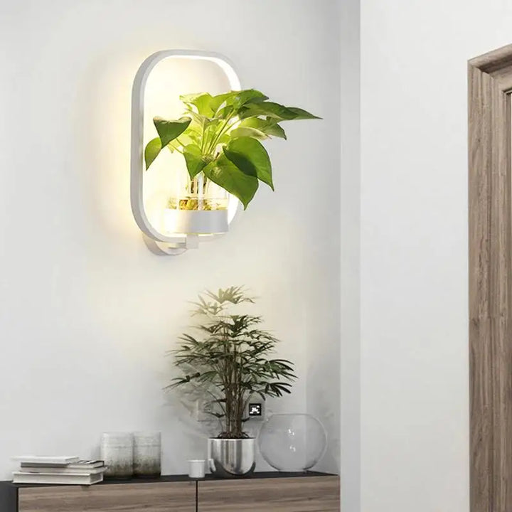 Moderne væglampe i glas og jern med integreret plantekasse, ideel til stuer og kontorer, stilfuldt design.