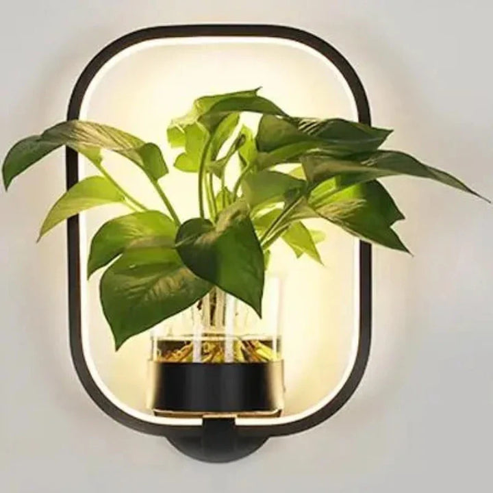 Moderne væglampe i glas og jern med integreret plantekasse, ideel til stuer og kontorer, stilfuldt design.