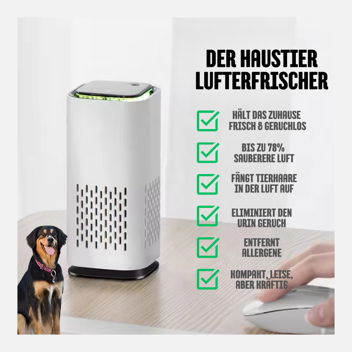 Moderne kæledyrs-luftfrisker, kompakt og stilfuld, med LED-farvevalg, ideel til ren luft i hjem med kæledyr.