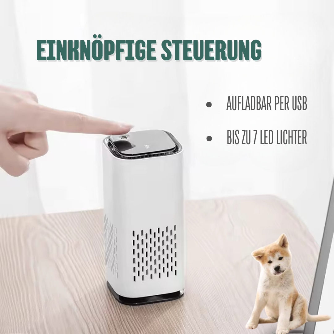 Moderne kæledyrs-luftfrisker, kompakt og stilfuld, med LED-farvevalg, ideel til ren luft i hjem med kæledyr.