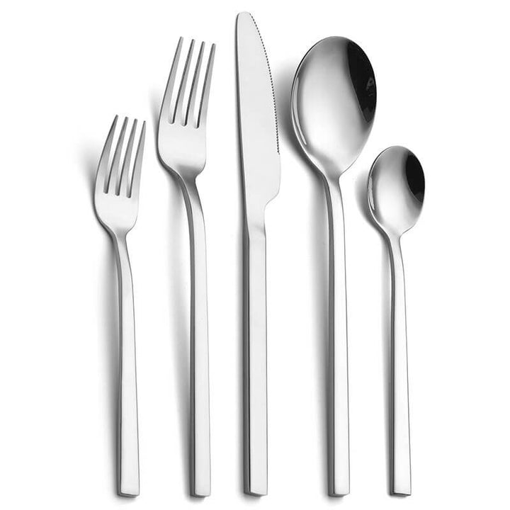 Moderne 30-dels bestiksæt i rustfrit stål med elegante linjer, egnet til 6 personer, tåler opvaskemaskine.