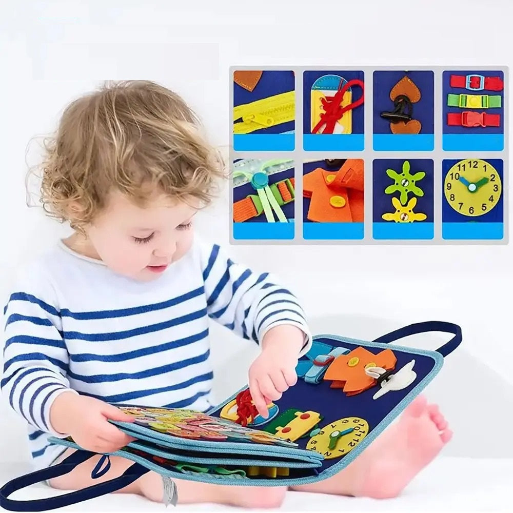 Filt aktivitetsbog med lynlåse & knapper. Stimulerer finmotorik og sanser hos småbørn. Ideel Montessori leg.