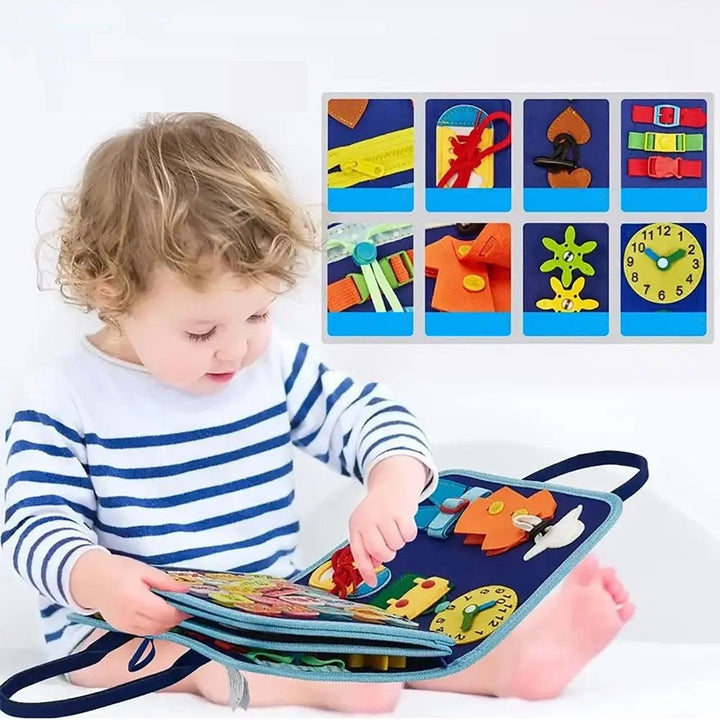 Filt aktivitetsbog med lynlåse & knapper. Stimulerer finmotorik og sanser hos småbørn. Ideel Montessori leg.