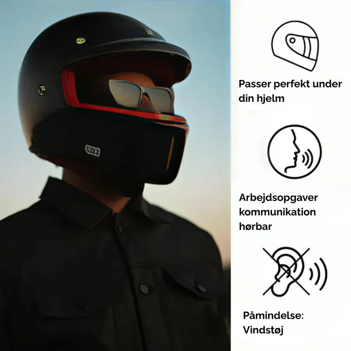 MC-høreværn for effektiv støjreduktion af vind og motorlyd, øger trafiksikkerhed for motorcykelryttere.