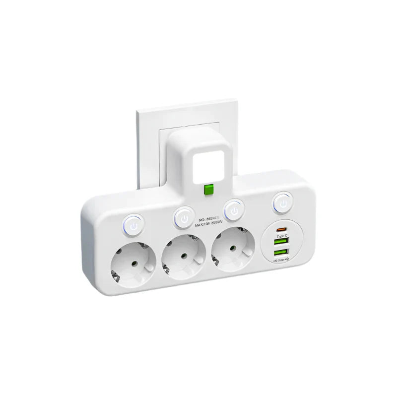 Multi stikdåse med USB & Type-C, sikker strømskinne til hjemmekontor. Oplader alle enheder effektivt.