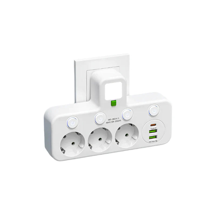 Multi stikdåse med USB & Type-C, sikker strømskinne til hjemmekontor. Oplader alle enheder effektivt.