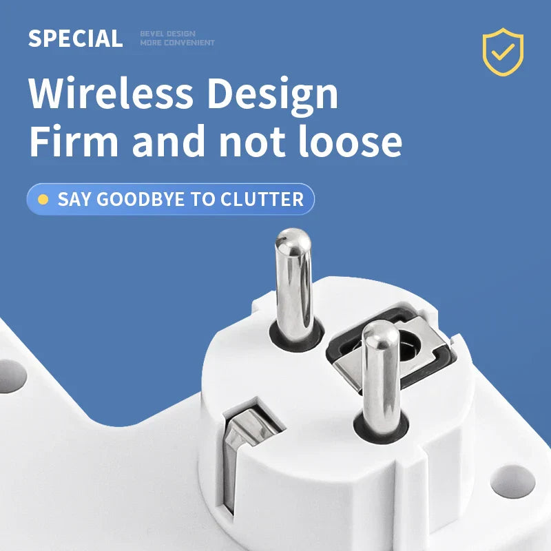 Sort 2500W multi stikdåse med børnesikring og USB-C. Ideel for sikker opladning af flere enheder.