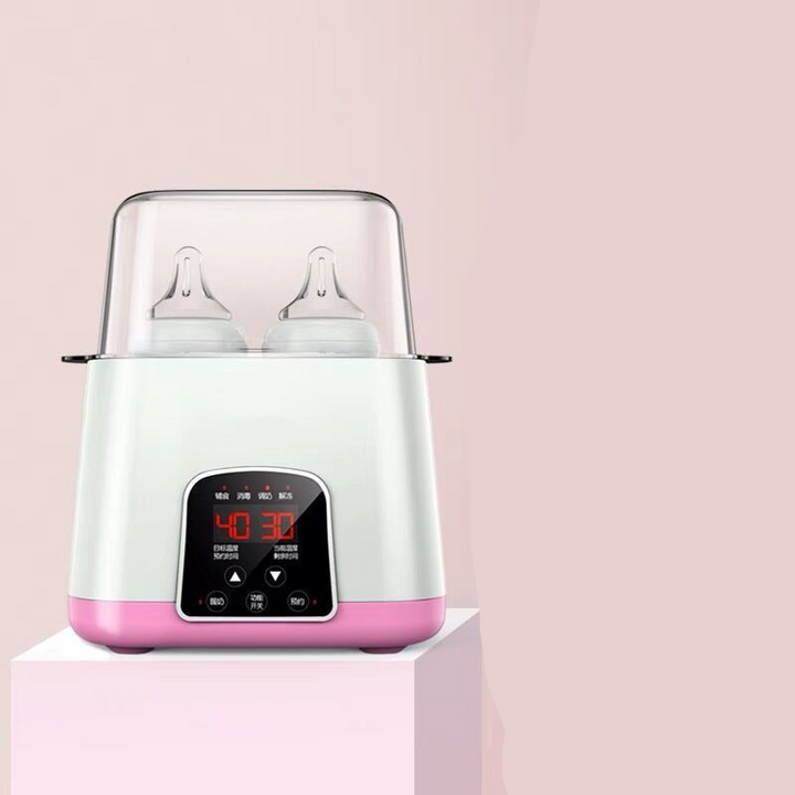 Multifunktionel flaskevarmer-sterilisator til babyer, viser digitalt display og flaskeåbning