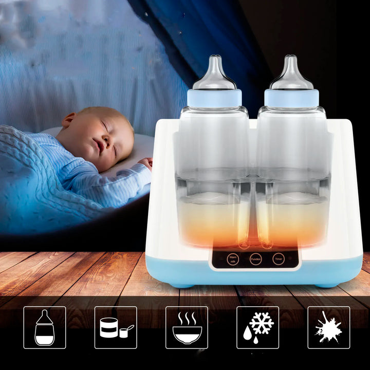 Multifunktionel flaskevarmer-sterilisator til babyer, viser digitalt display og flaskeåbning