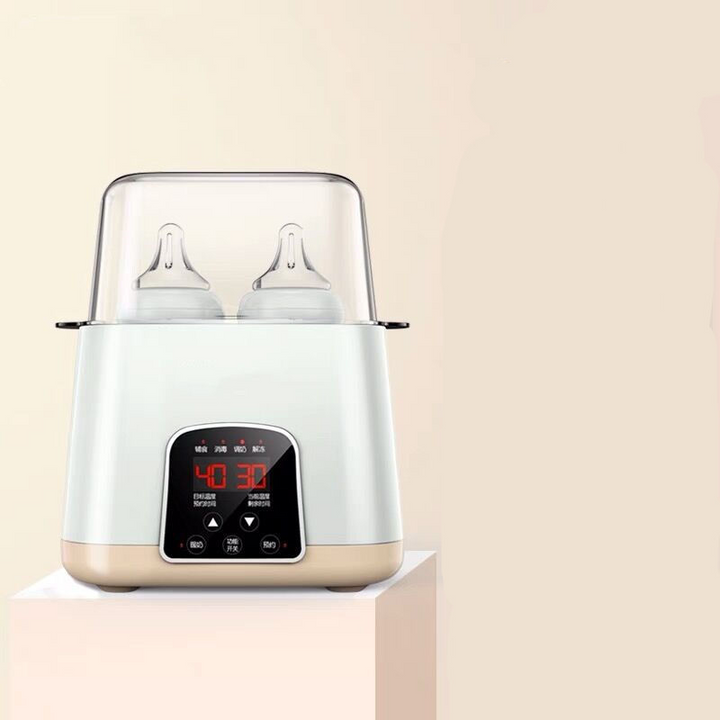 Multifunktionel flaskevarmer-sterilisator til babyer, viser digitalt display og flaskeåbning