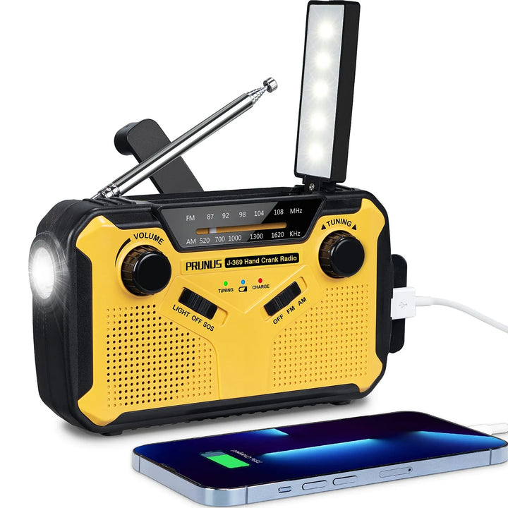 Multifunktionel nødradio med lommelygte, powerbank og SOS-alarm, kompakt design til udendørs eventyr.