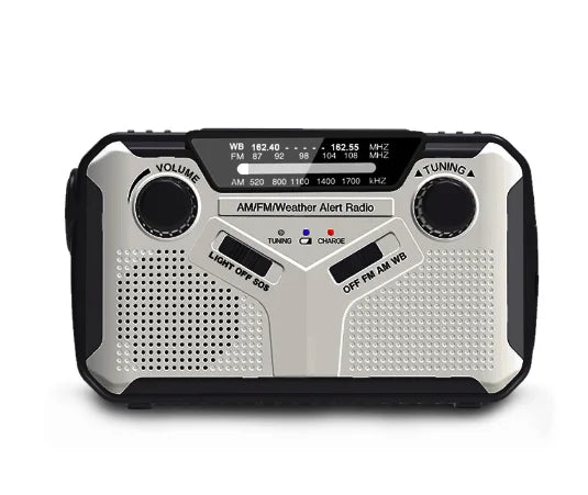 Multifunktionel nødradio med lommelygte, powerbank og SOS-alarm, kompakt design til udendørs eventyr.