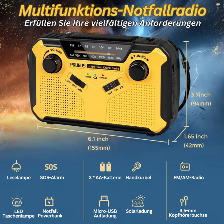 Multifunktionel nødradio med lommelygte, powerbank og SOS-alarm, kompakt design til udendørs eventyr.