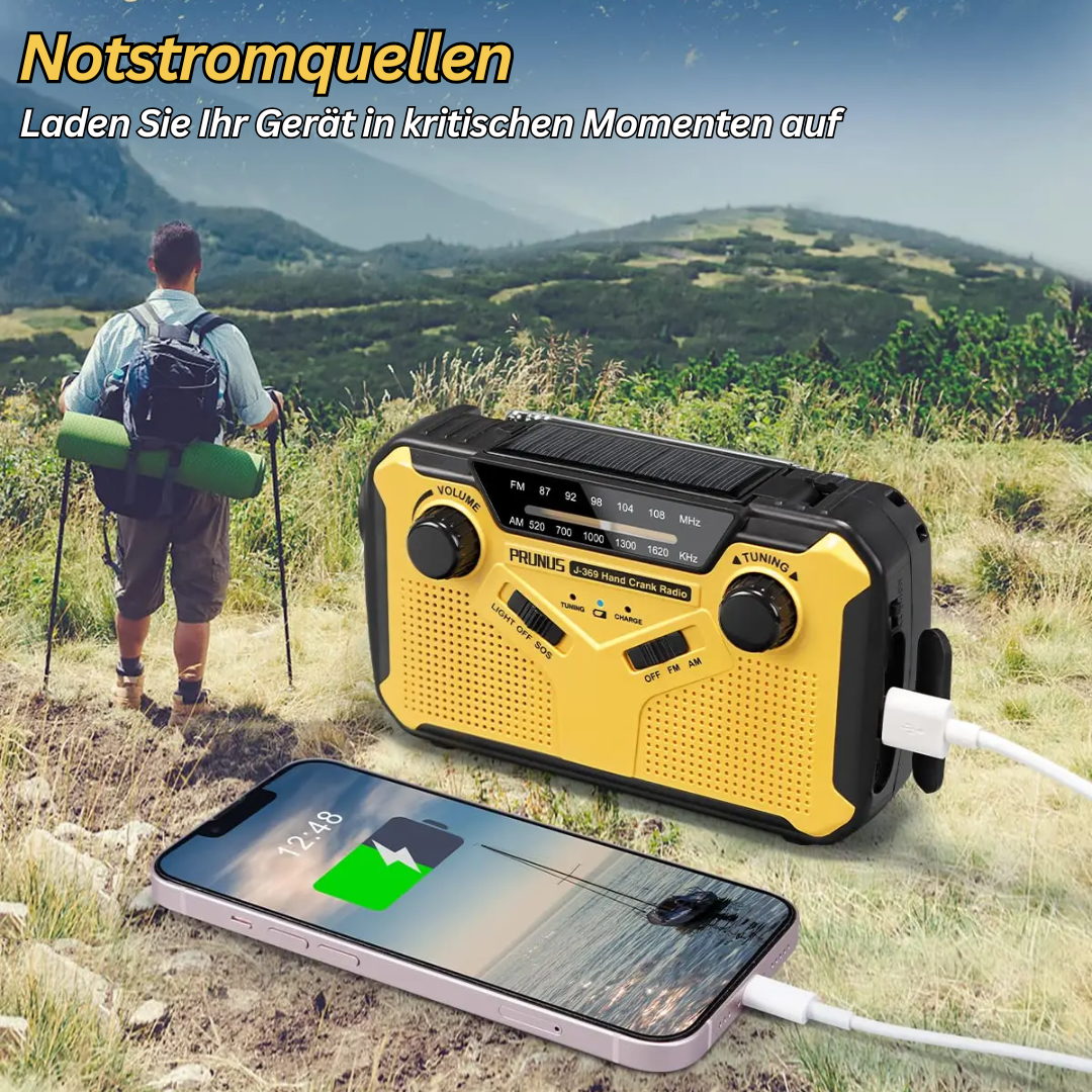 Multifunktionel nødradio med lommelygte, powerbank og SOS-alarm, kompakt design til udendørs eventyr.