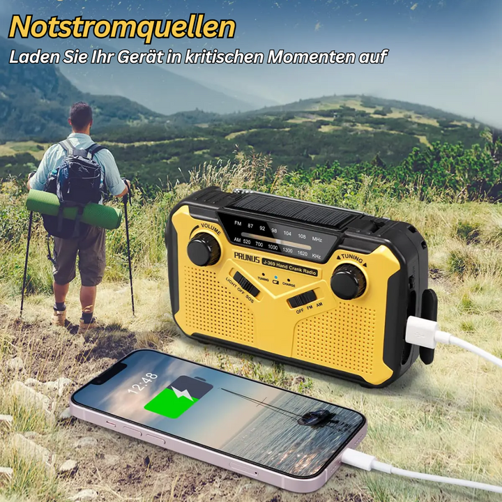 Multifunktionel nødradio med lommelygte, powerbank og SOS-alarm, kompakt design til udendørs eventyr.